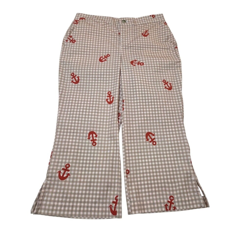 NWT Anthropologie Celandine Anchor Print Gingham Stretchy Capri Pants XS Tan L6